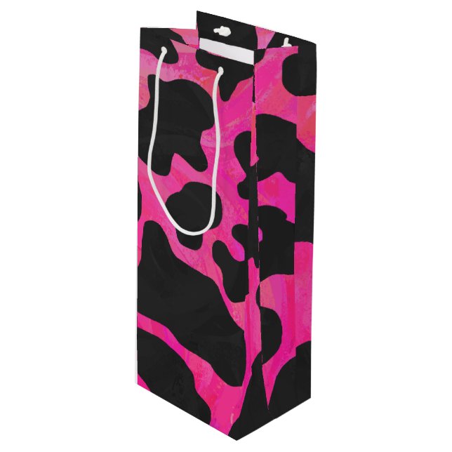 Cow Hot Pink and Black Print Wine Gift Bag (Front Angled)