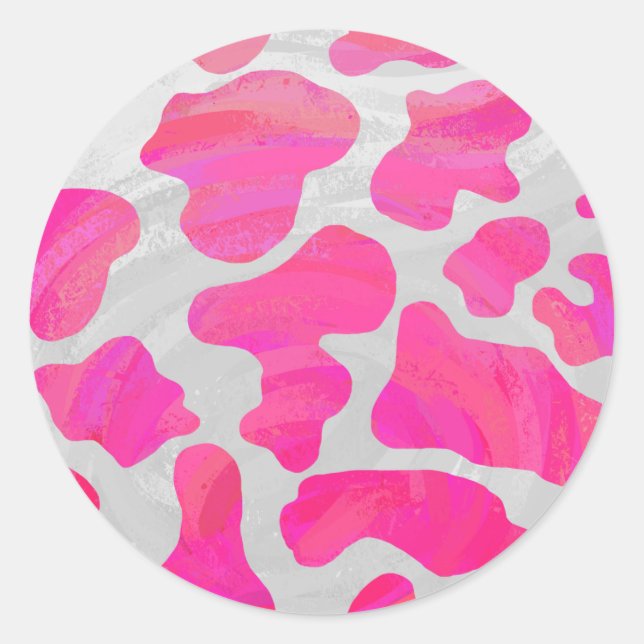 Cow Hot Pink and White Print Classic Round Sticker (Front)