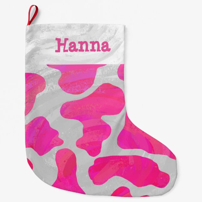 Cow Hot Pink and White Print Large Christmas Stocking (Front)
