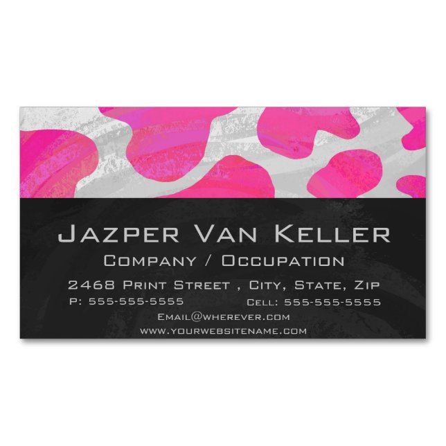 Cow Hot Pink and White Print Magnetic Business Card (Front)