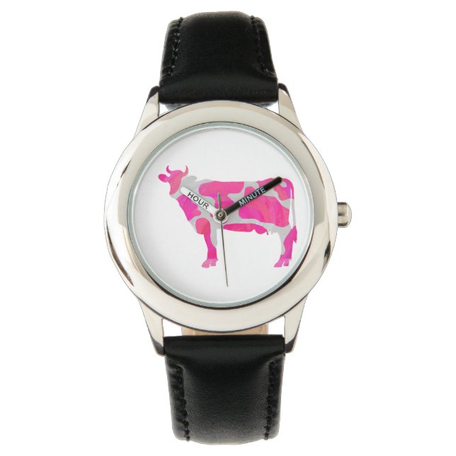 Cow Hot Pink and White Silhouette Watch (Front)