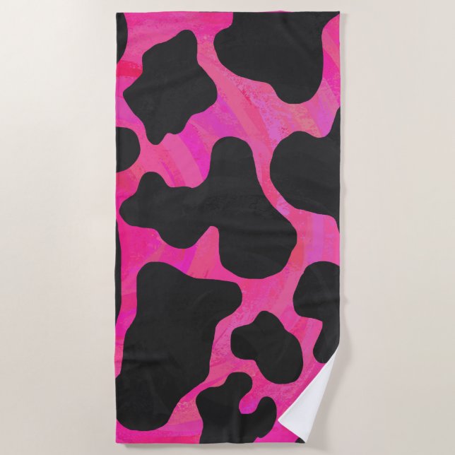 Cow Hot Pink Painted Pattern Beach Towel (Front)