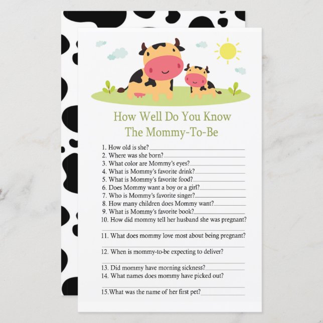 Cow How well do you know baby shower game (Front/Back)