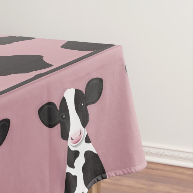 Cow Illustration Print Pink Farm Animal Tablecloth (In Situ)