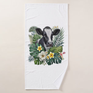 Cow in Floral Jungle Png, Tropical Cow Bath Towel