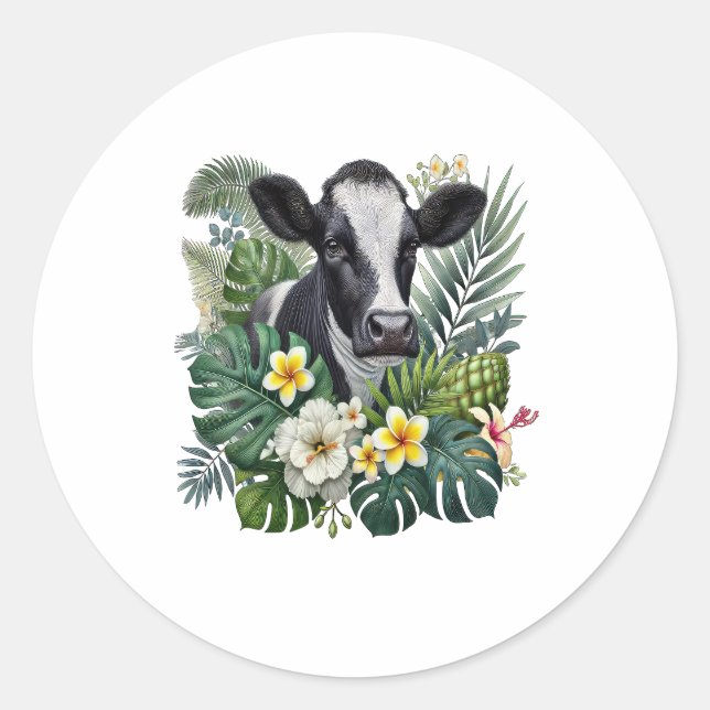 Cow in Floral Jungle Png, Tropical Cow Classic Round Sticker (Front)