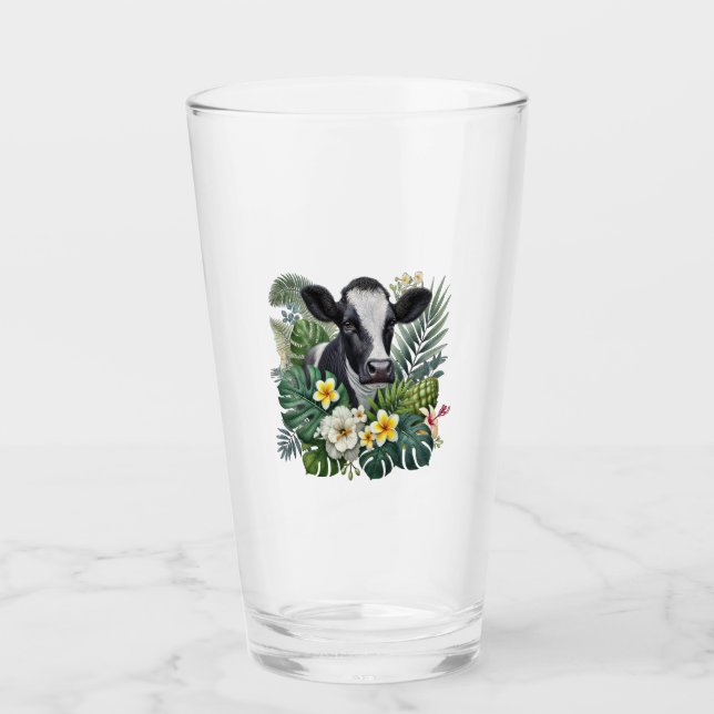 Cow in Floral Jungle Png, Tropical Cow Glass (Front)