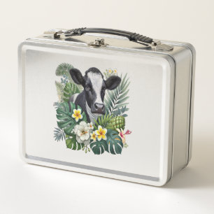 Cow in Floral Jungle Png, Tropical Cow Metal Lunch Box