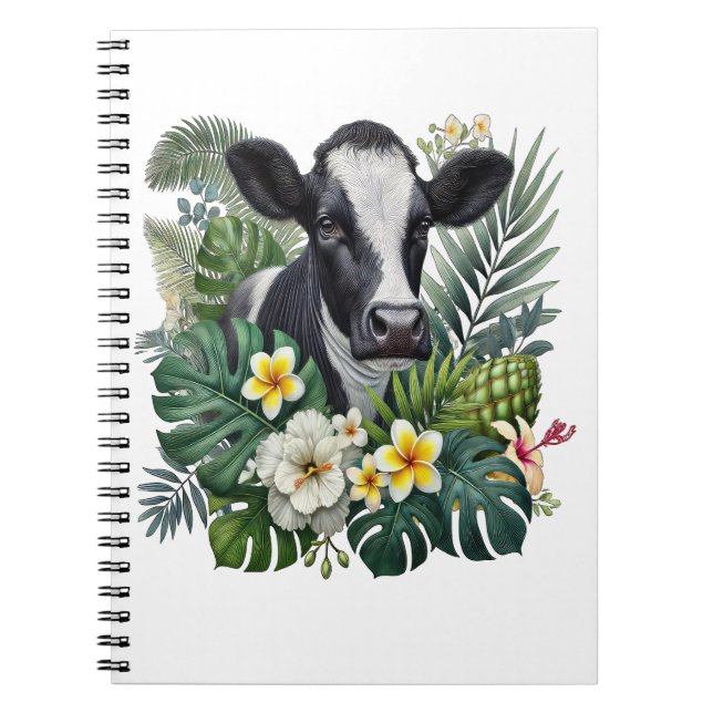 Cow in Floral Jungle Png, Tropical Cow Notebook (Front)