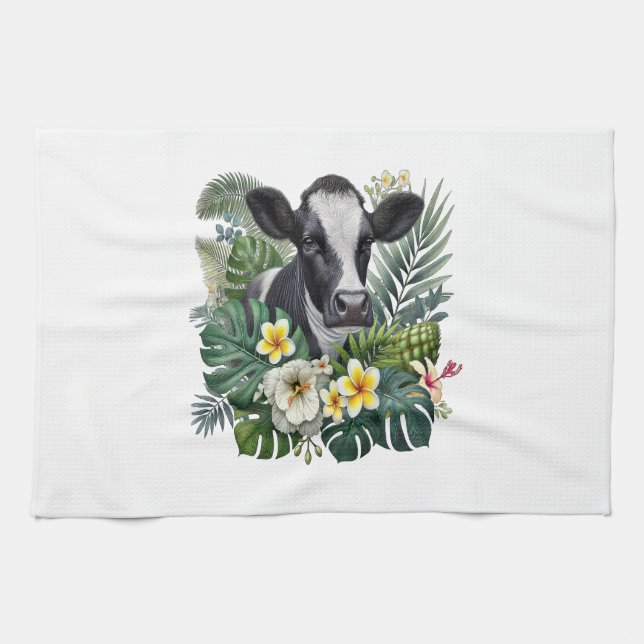 Cow in Floral Jungle Png, Tropical Cow Tea Towel (Horizontal)