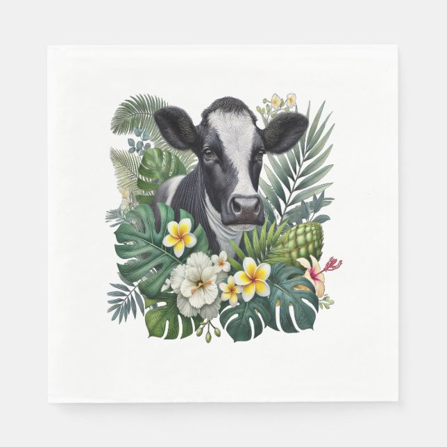 Cow in Floral Jungle , Tropical Cow Napkin (Front)
