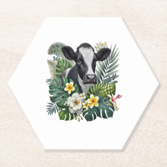 Cow in Floral Jungle , Tropical Cow Paper Coaster (Front)