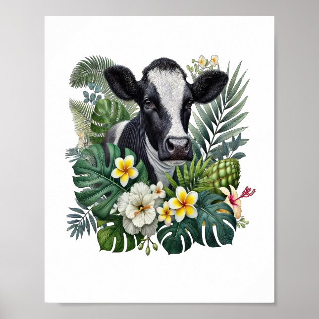 Cow in Floral Jungle , Tropical Cow Poster (Front)