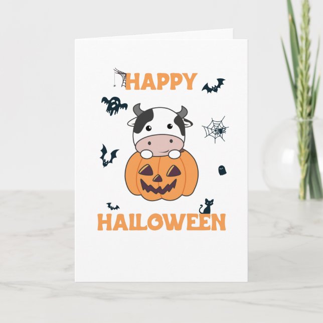 Cow In Pumpkin Cute Cows Happy Halloween Card (Front)