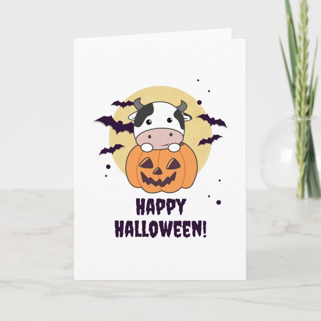 Cow In Pumpkin Cute Cows Happy Halloween Card (Front)