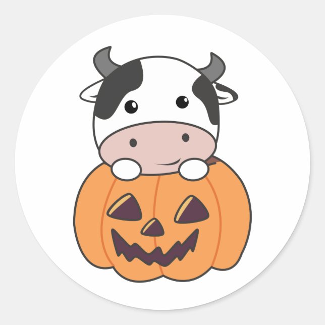Cow In Pumpkin Cute Cows Happy Halloween Classic R Classic Round Sticker (Front)
