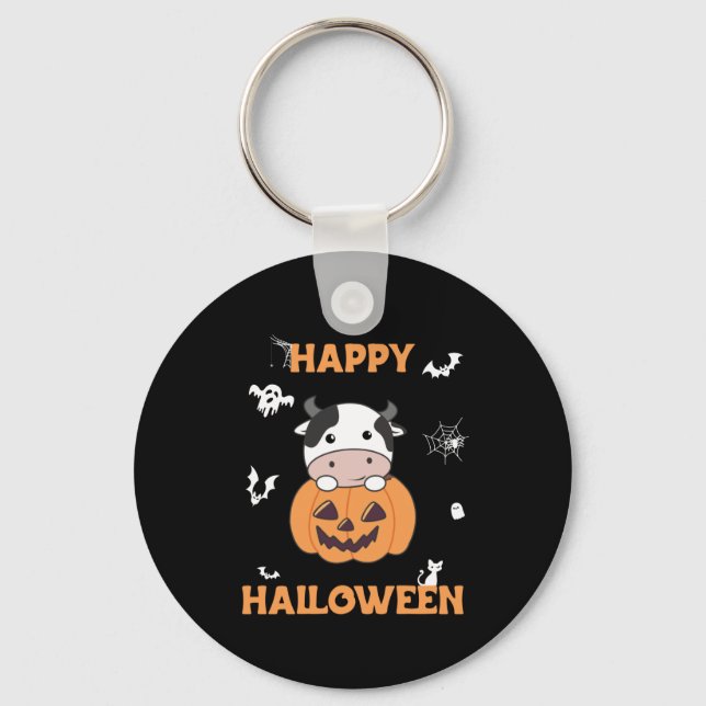 Cow In Pumpkin Cute Cows Happy Halloween Key Ring (Front)
