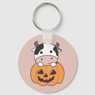 Cow In Pumpkin Cute Cows Happy Halloween Keychain