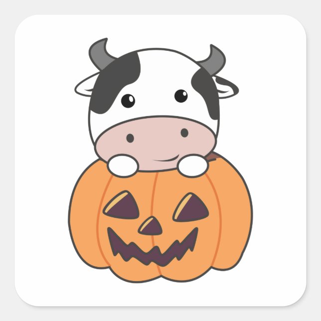 Cow In Pumpkin Cute Cows Happy Halloween Square St Square Sticker (Front)