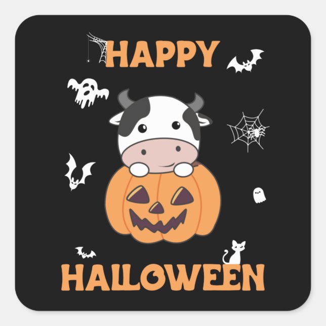 Cow In Pumpkin Cute Cows Happy Halloween Square St Sticker (Front)