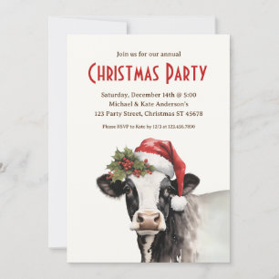 Cow in Santa Hat Farm Animal Dairy Christmas Party Invitation