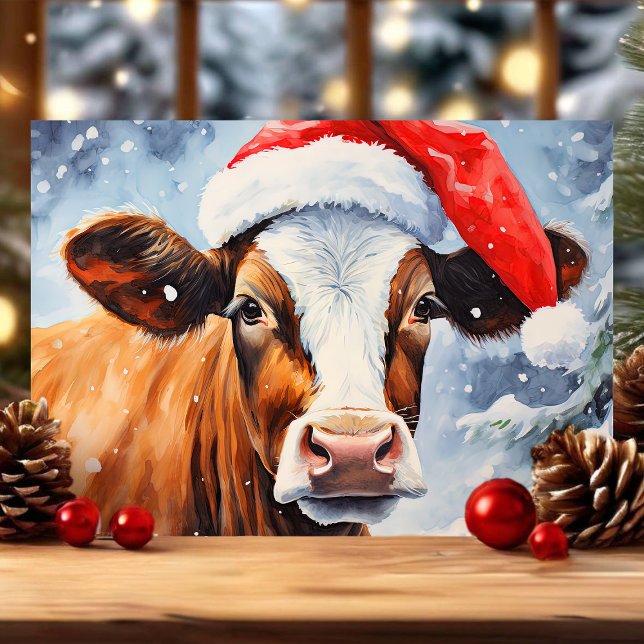 Cow in Santa Hat Funny Christmas Holiday Card (Creator Uploaded)