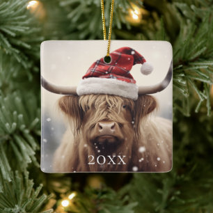Cow in Santa Hat Personalised Christmas Holiday Ceramic Ornament