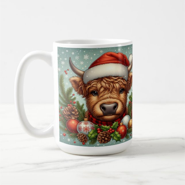 Cow in Santa Hat Surrounded by Christmas Ornaments Coffee Mug (Left)