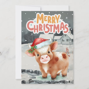 Cow in Santa Hat Winter Night Scene Christmas  Holiday Card