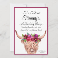 Cow Invitation, Longhorn Cow Floral Birthday