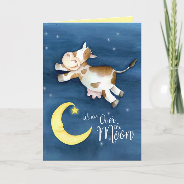 Cow jumped over the moon new baby card (Front)