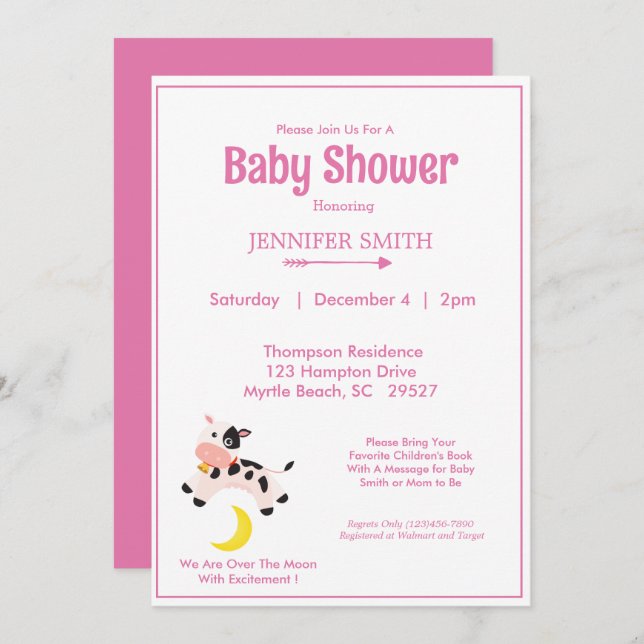 Cow Jumped Over The Moon Nursery Baby Shower Pink Invitation (Front/Back)
