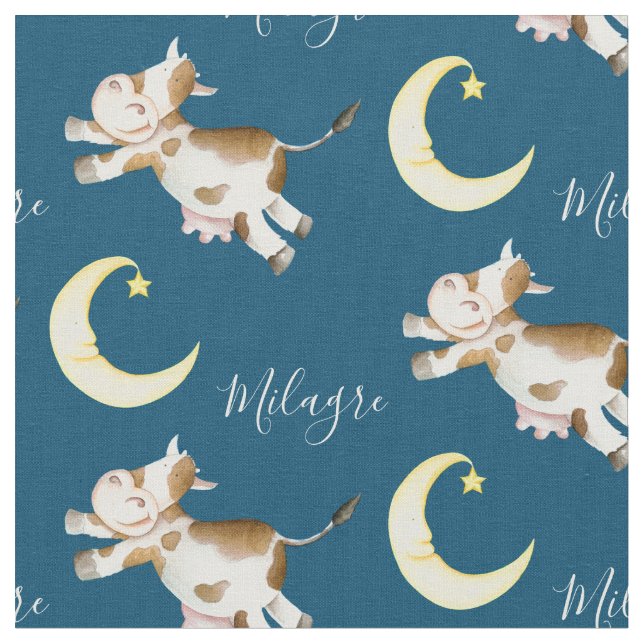 Cow jumping moon watercolor art custom name fabric (Close Up)