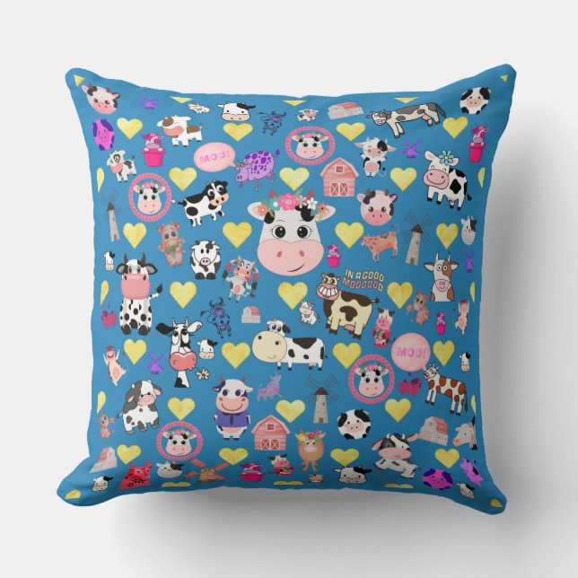 Cow Lover Throw Pillow with Hearts (Front)