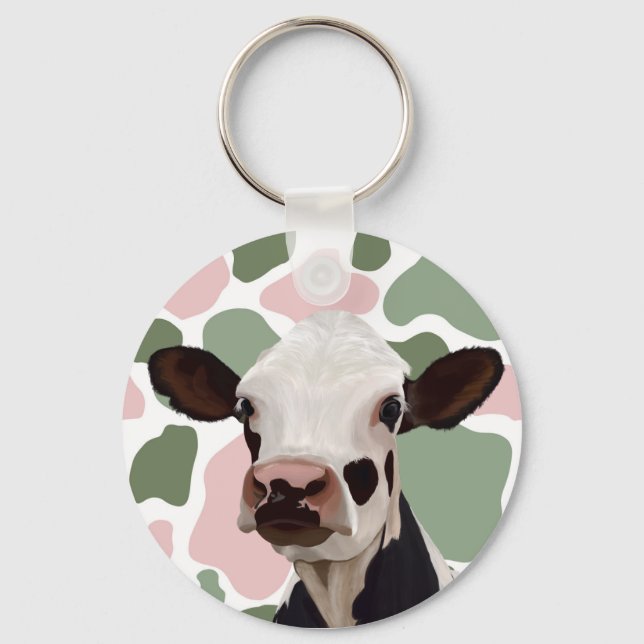 Cow Lovers Sage Green and Pink Cow Print Key Ring (Front)