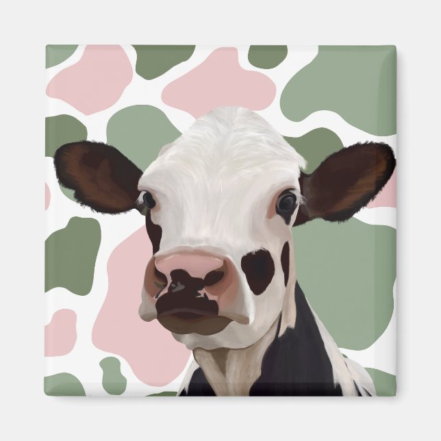 Cow Lovers Sage Green and Pink Cow Print Magnet (Front)