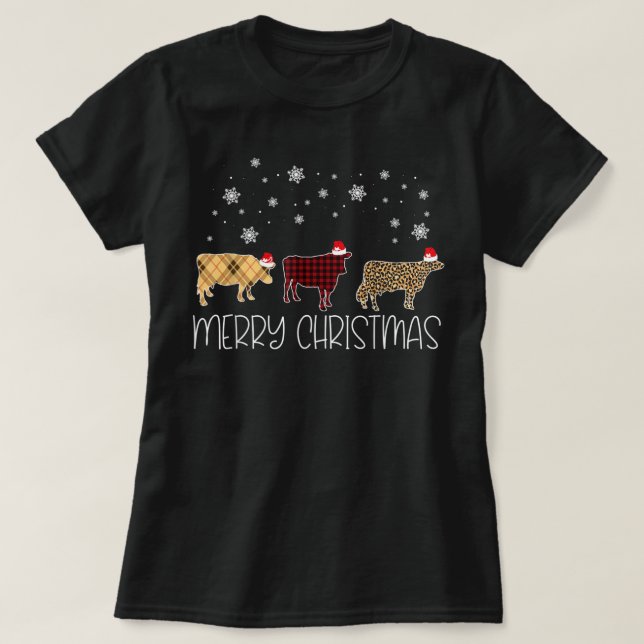 Cow Merry Christmas Cute Plaid Leopard X-Mas Pajam T-Shirt (Design Front)