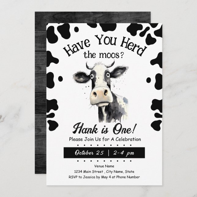  Cow Moos 1st Birthday Watercolor Invitation (Front/Back)