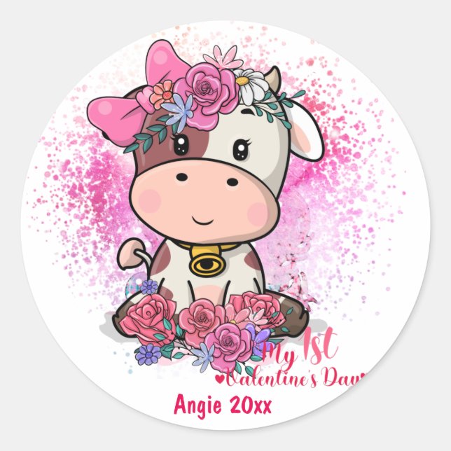 Cow, My First Valentines Day Classic Round Sticker (Front)