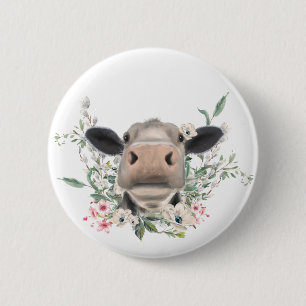 cow nose kiss flowers watercolor gray farm animal 6 cm round badge