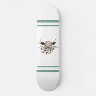 cow nose kiss flowers watercolor gray farm animal skateboard