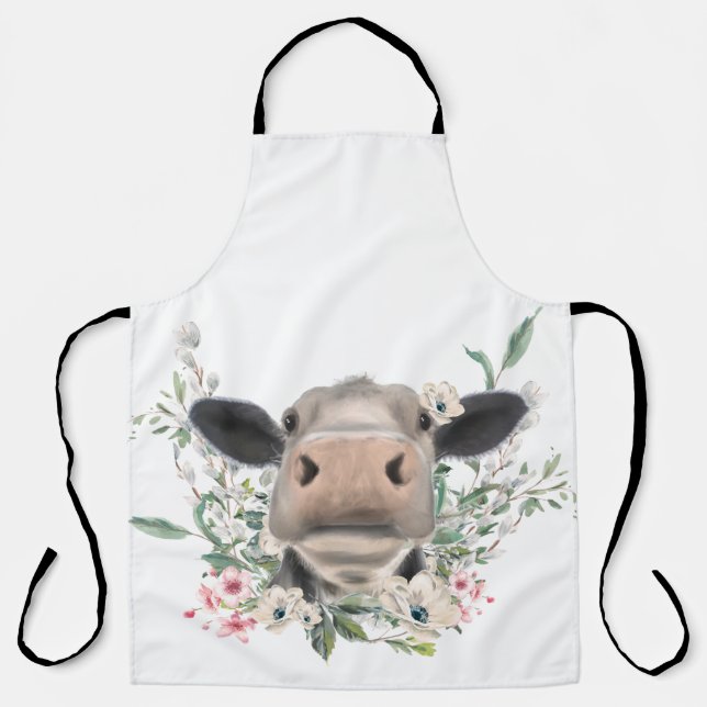 cow nose kiss flowers watercolor grey farm animal apron (Front)
