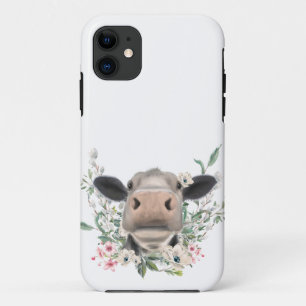 cow nose kiss flowers watercolor grey farm animal iPhone 11 case