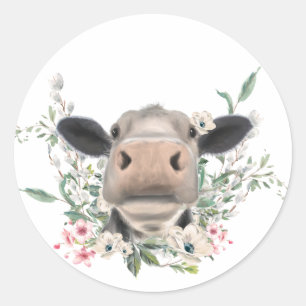 cow nose kiss flowers watercolor grey farm animal classic round sticker