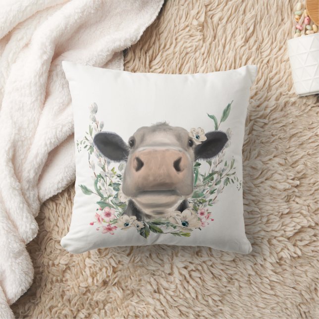 cow nose kiss flowers watercolor grey farm animal cushion (Blanket)