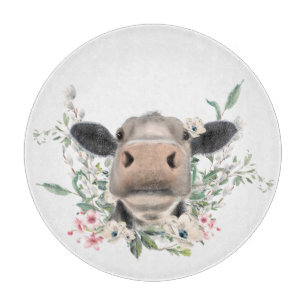 cow nose kiss flowers watercolor grey farm animal cutting board
