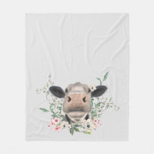cow nose kiss flowers watercolor grey farm animal fleece blanket