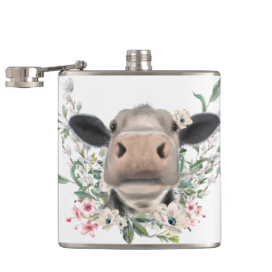 cow nose kiss flowers watercolor grey farm animal hip flask