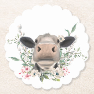 cow nose kiss flowers watercolor grey farm animal paper coaster