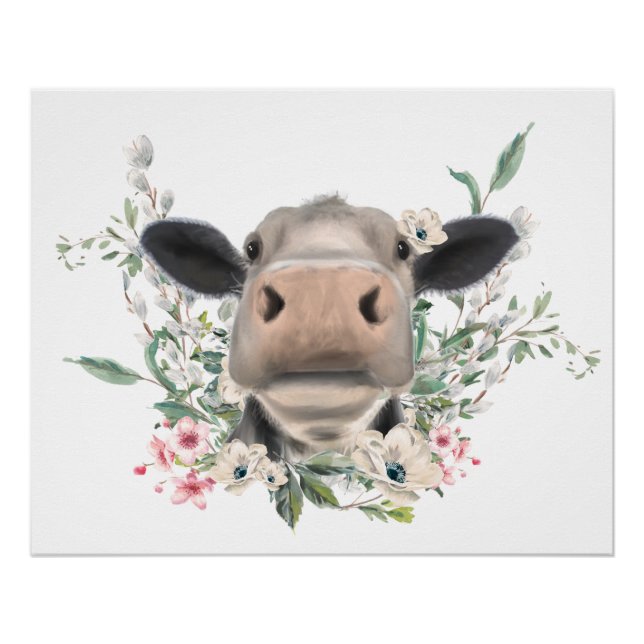 cow nose kiss flowers watercolor grey farm animal poster (Front)